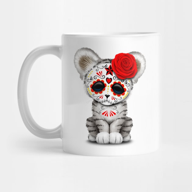 Red Day of the Dead Sugar Skull White Tiger Cub by jeffbartels